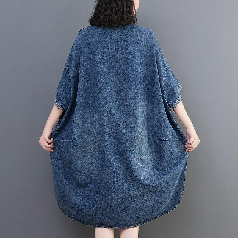 Women's Spring and Autumn Large Size Pullover Denim Shirt Standing Collar Casual Cowboy Pullover Denim Short Sleeve