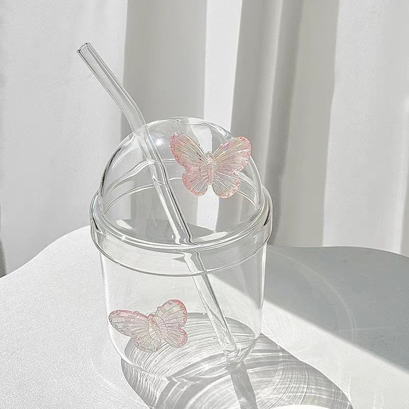 2024 Ins Water Cup High-Value Glass Drinkware with Straw for Household Drinking and Fairy Tea Cup 400 mL