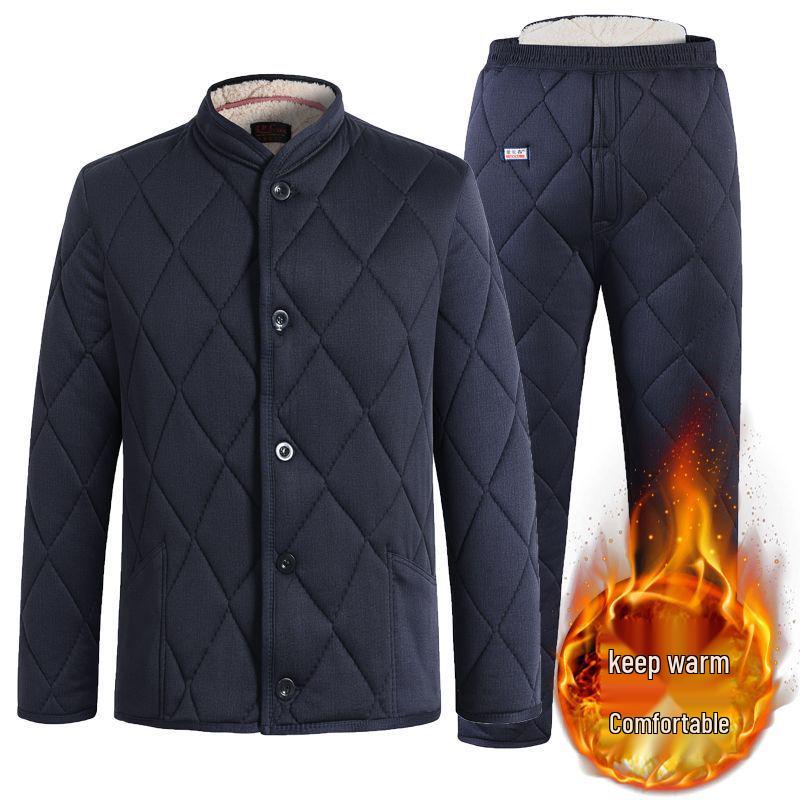 Men's Winter Cotton Jacket and Pants Set with Plus Velvet Lambswool - Warm Thickened Grandpa Style