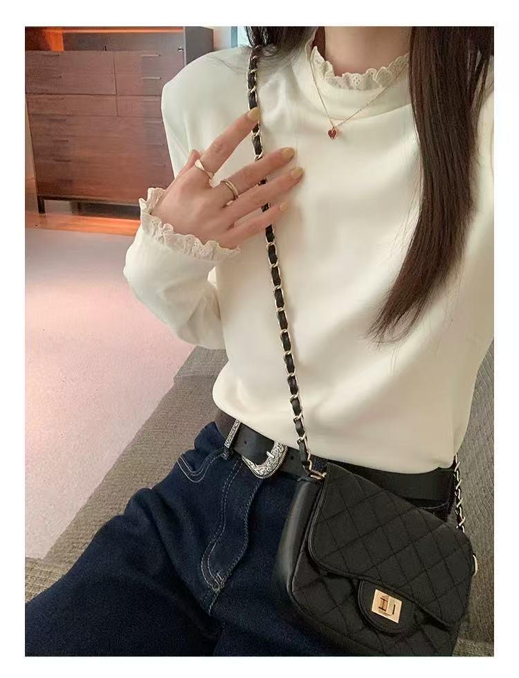

Women s Lace Trim Velvet Turtleneck Long-Sleeve Top for Autumn/Winter 2025 XXL бежевий