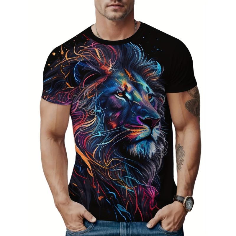 Men s Lion T-Shirt Colorful Neon Animal King 3D Graphic Printed Casual Short Sleeve O-Neck Pullover Cool Streetwear Summer Tee Tops Men s Clothing S чёрный