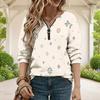Women Plus Size Beige Brown Geometric Printed V Neck Half Zip Long Sleeve Sweatshirt
