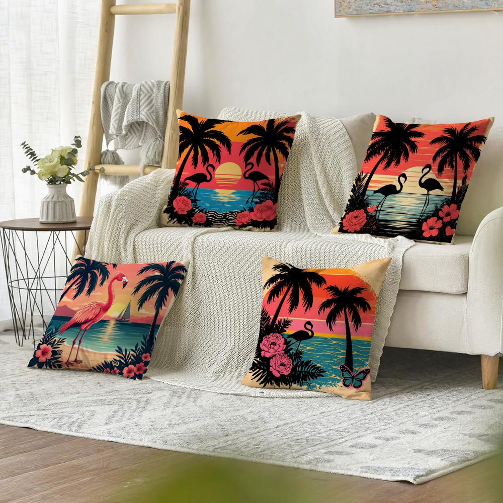 Tropical Palm Flamingo Cushion Cover Natural Linen Organic Fabric Double-Sided Printing Sofa Home Decor Gift Pillow Cover
