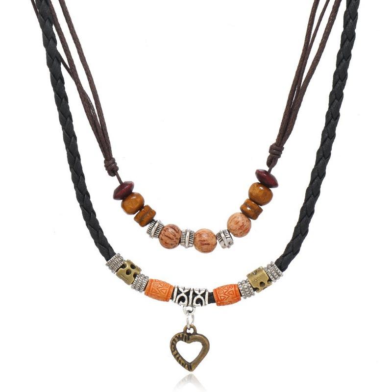 Literary Retro Butterfly Alloy Multi-layer Wooden Beads Knotted and Pullable Hand-woven Necklaces, Jewelry
