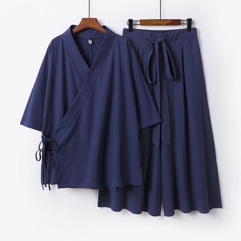 Herren Japanisches Kimono Cardigan Hosen Set Leinen Yukata Haori Samurai Kostüm Harajuku Locker Jacke Anzug 3XL navy blau