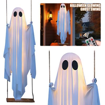Halloween Hanging Swing Ghost Decor W/ String Lights Outdoor Halloween Decorations Ghosts Decorations for Porch/Yard/Trees