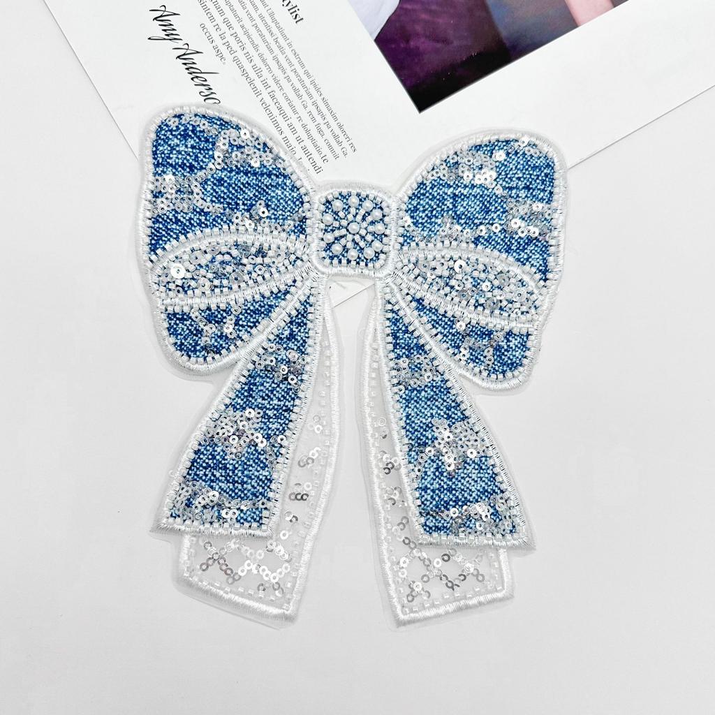 Denim Blue Heavy Industry Handmade Beads Bow Decorative Patch Sticker Bag Hair Accessories Corsage Cloth Sticker Accessories