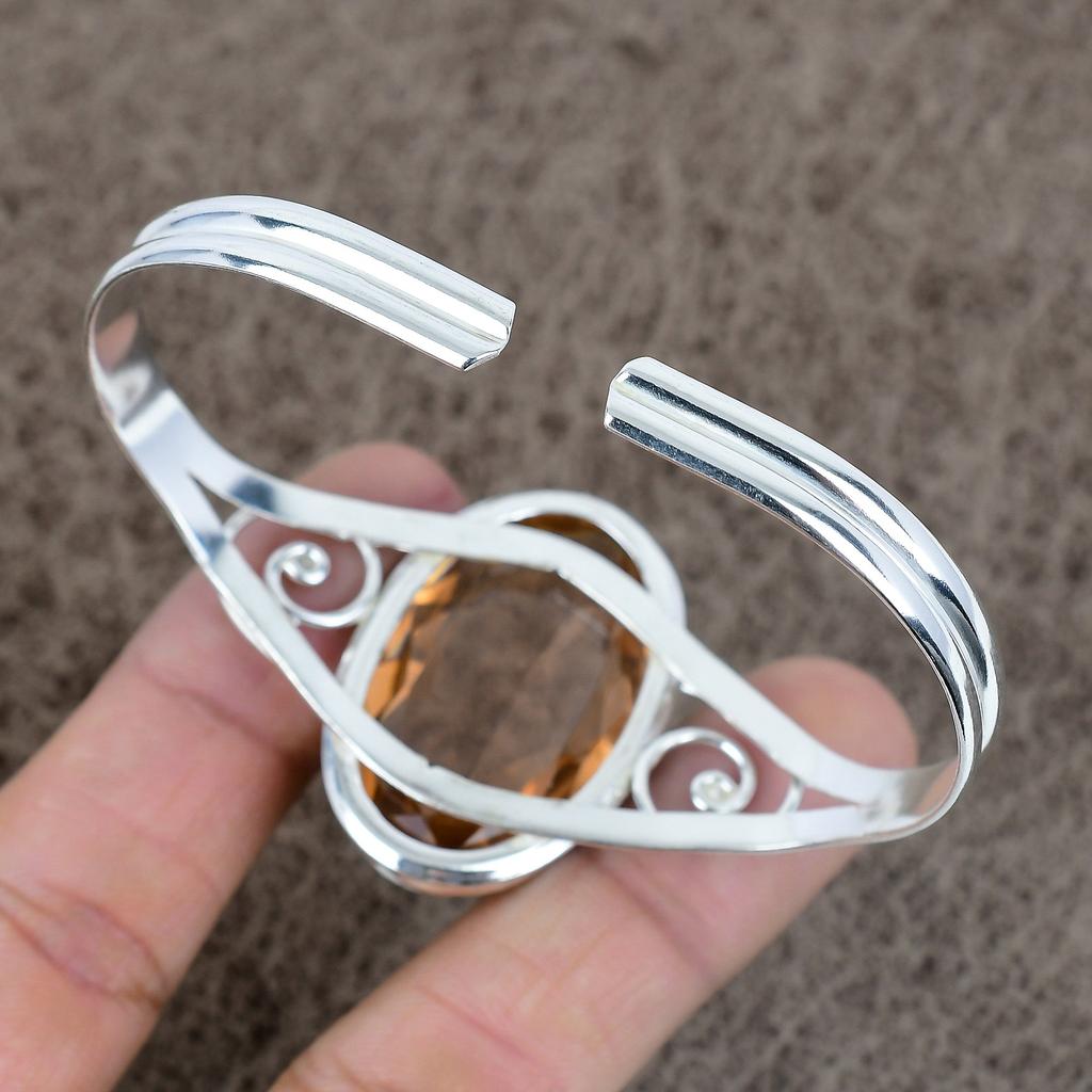 Morganite Gemstone Handmade 925 Sterling Silver Cuff Bangle Adjustable KKG-225