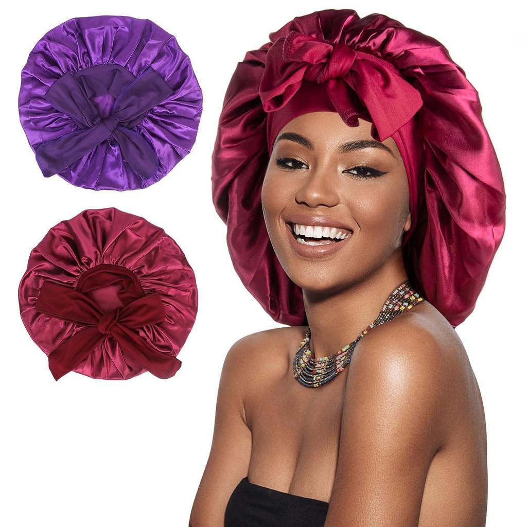 Women's Satin Sleep Cap with Elastic Ribbon - Large Hair Protection Cap for Home Use