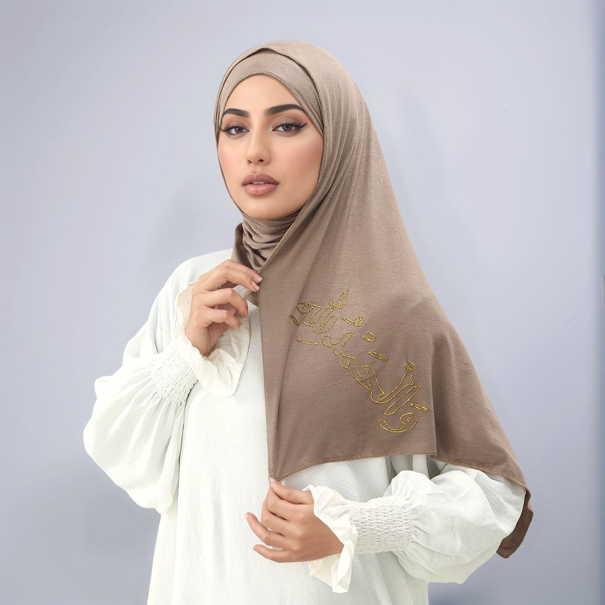 Yto Home Women's Golden Embroidery Cotton Jersey Hijab Scarf For Muslim Solid Headscarf Islamic Head Cover Prayer Turban Foulard 170*60Cm