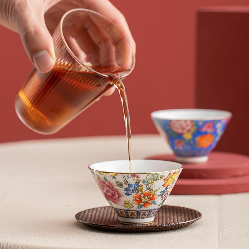 NEW Vintage Enamel Ceramic with Flower Pattern, Household , Single Cup for Tasting Tea, Simple Gift Set