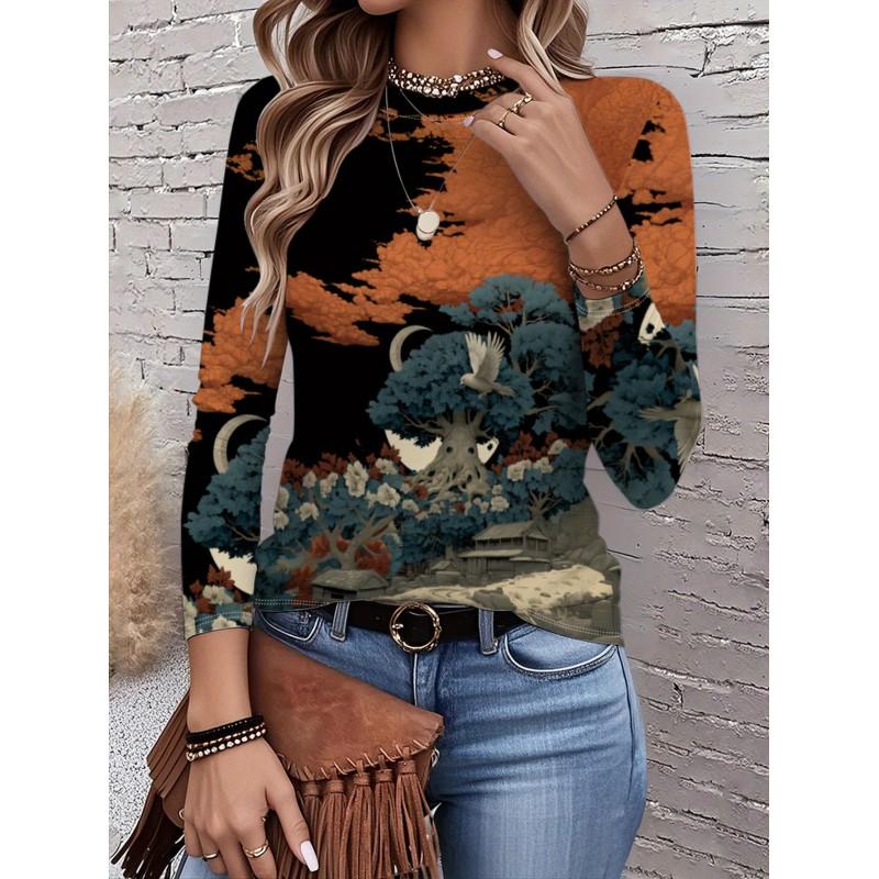 Womens Round Neck 3D Dinosaur Print Tee - Casual Fit 7/8 Sleeve 2025