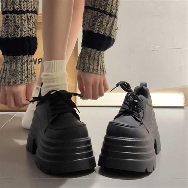 Black Small Man Heightened Platform Big Head Lace-up Small Leather Shoes Women's 2025 Autumn New College Style Muffin Single Shoes