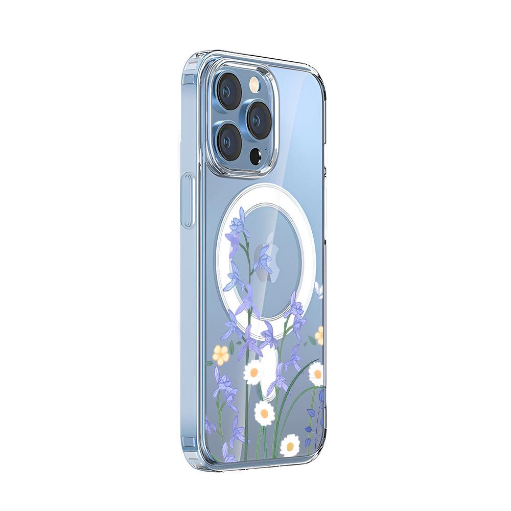 Independent station hot-selling blue flower daisy iPhone17 mobile phone case Apple 13 high magnetic permeability transparent case 16 anti-drop