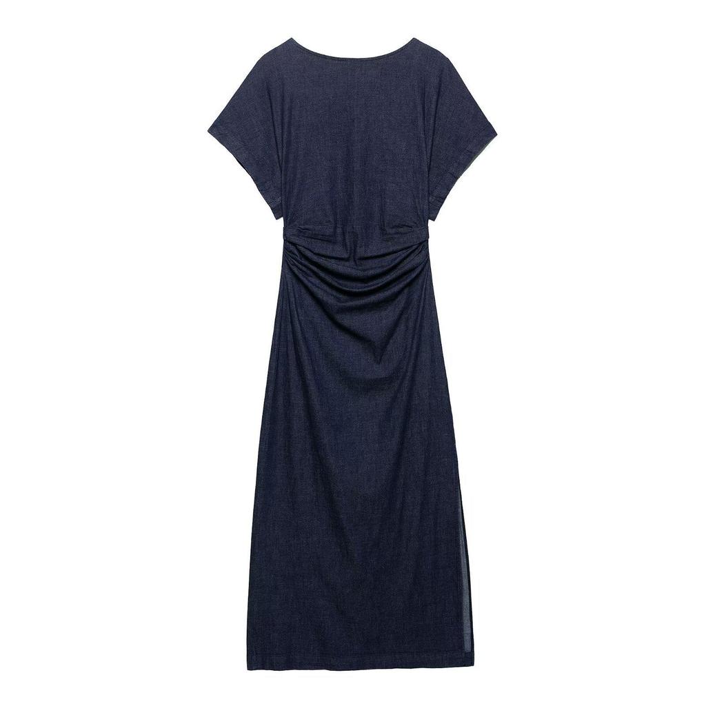 TAOP&ZA Spring Women's Elegant Ruched Short Sleeve Denim Dress