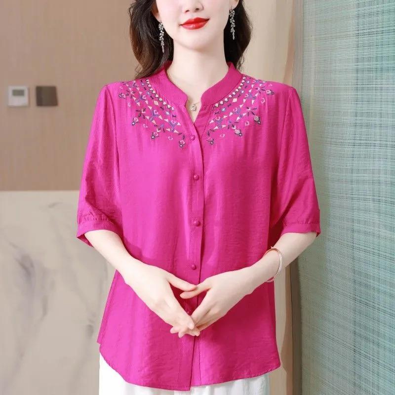 Women's Linen Blouse Embroidery Collar Half-Sleeve Casual Shirt
