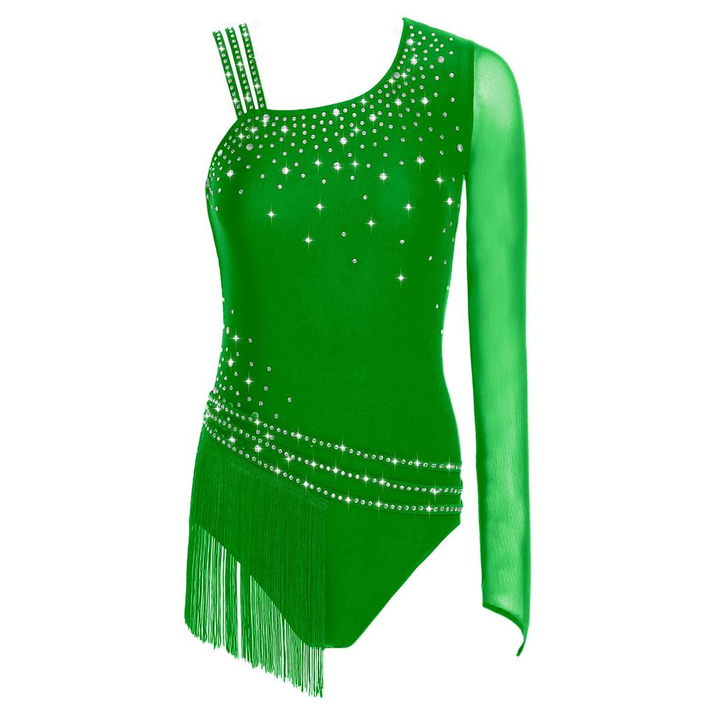 Womens Gymnastics Leotard Asymmetric Shoulder Design Glittery Rhinestone Tassel Fringe Bodysuit Latin Dancewear
