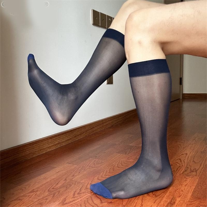 Men's Over The Calf Dress Socks Breathable Fabric Thin See Through Nylon Stockings for Formal Event and Business Meeting