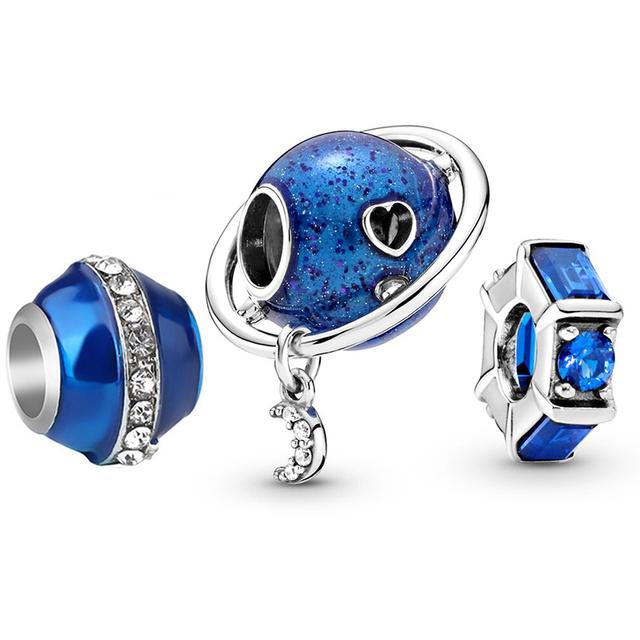 3pcs /Lot Blue Enamel Globe Charms Beads Star Pendant Fit Diy Brand Charm Bracelets Necklaces For Women Fashion Jewelry Making