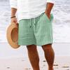 Men's Striped Cotton Linen Beach Shorts with Multi-Pocket and Drawstring