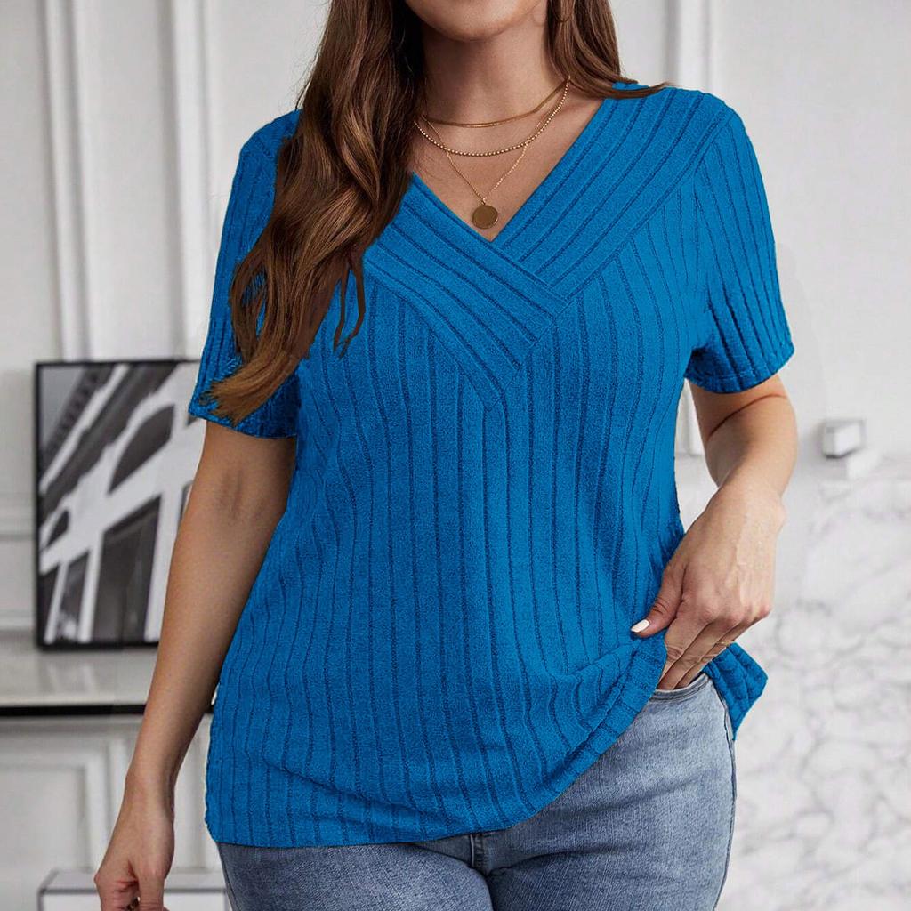 Women's Plus Size Casual And Fashionable V-Neck Long Sleeved Top V-Neck Short Sleeved Top