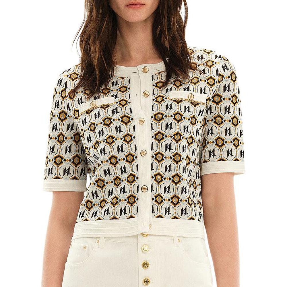 Karl Lagerfeld French Elegant Daily Commuting Dating Outfit Light Luxury Textured Jacquard Short Sleeve Color Block Knit Top Women Tops M22E2252