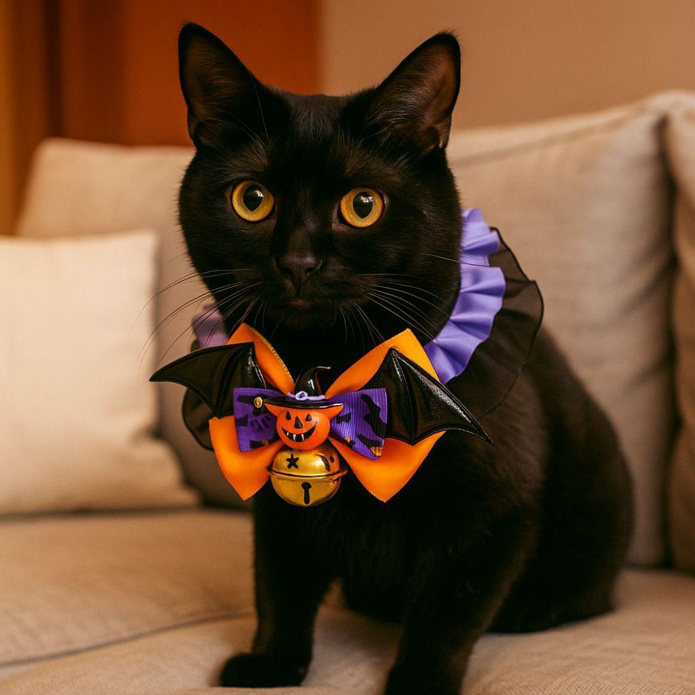Dog Accessories Adjustable Halloween Cat Collar Soft Lace Dog Pumpkin Bow Collar with Bell Puppy Bat Bow Tie for Cats and Dogs