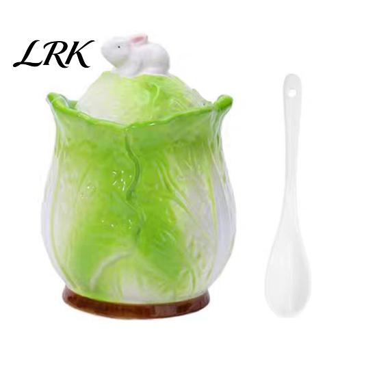 Home Kitchen Countertop Decor Ceramic Cabbage Shaped Lard Jar with Lid Spoon, 350ml Sealed Salt And Sugar Cellar Seasoning Container, Multi