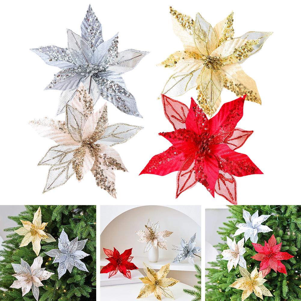 Artificial Holiday Flowers Glitter Poinsettia Flowers Shimmering Stamen Textured Look With Pearls Three-Dimensional Design