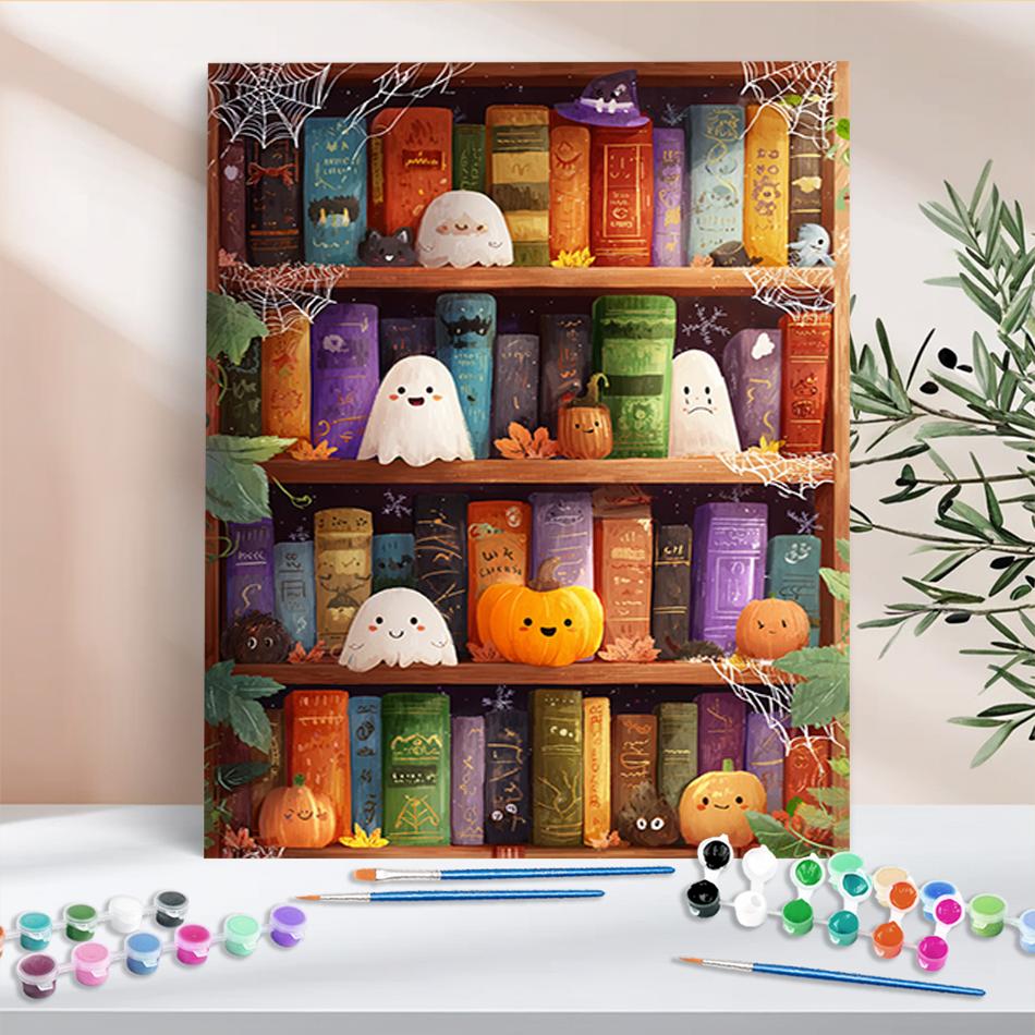 1pc Painting On Numbers Ghost Bookshelf Halloween Gift Handpainted Art Diy Crafts Picture Painting On The Wall 40x50cm/16x20inch Without Frame