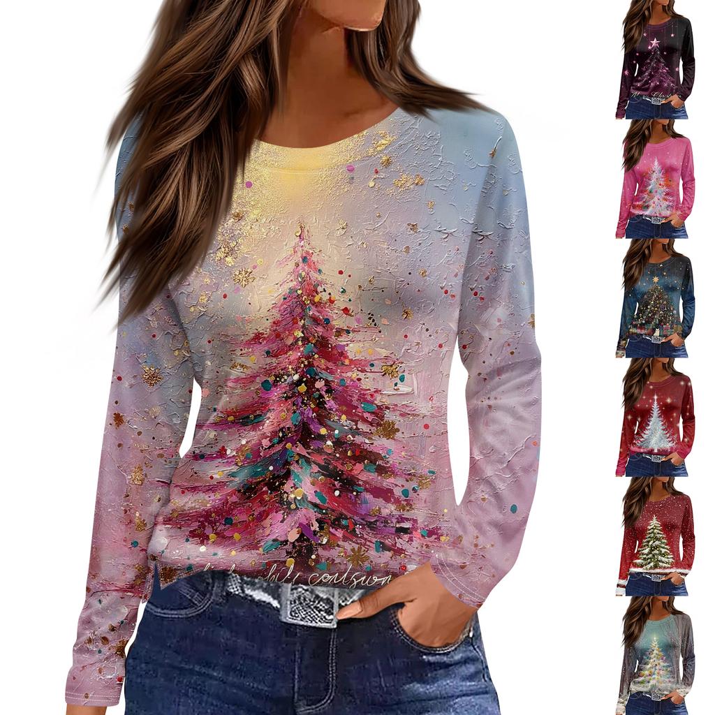 Women's Fashion Hem Slit Casual Christmas Printed Round Neck Long Sleeve Top