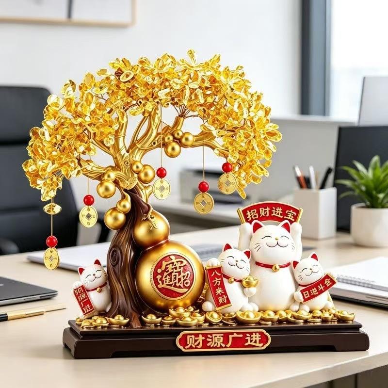 Resin Money Tree Lucky Cat Statue Ornament, Money Tree Lucky Cat Desktop Decoration, Home and Office Desktop Decoration Opening Gifts