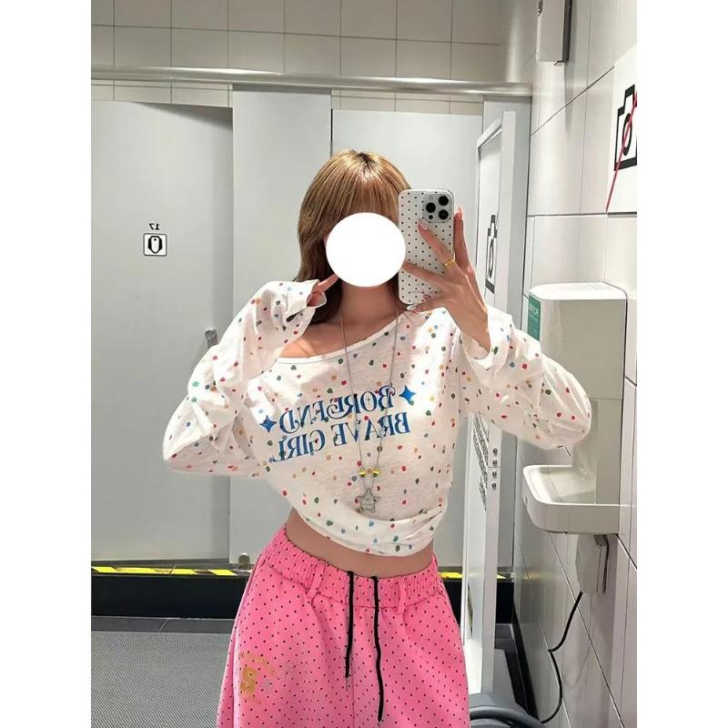 American Retro Slanted Shoulder Colorful Polka Dot Star Long-sleeved T-shirt for Women Spring Loose Versatile Blouse