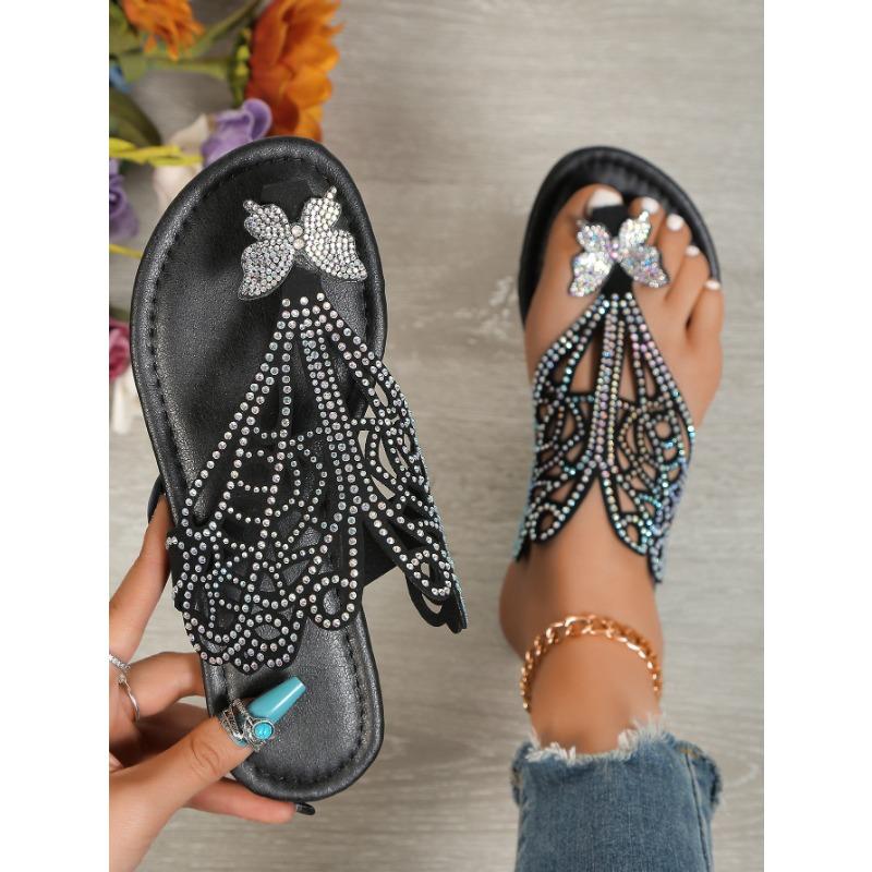 Plus-size Shoes with Toe Clips and Rhinestone Women's Retro Flip-flops