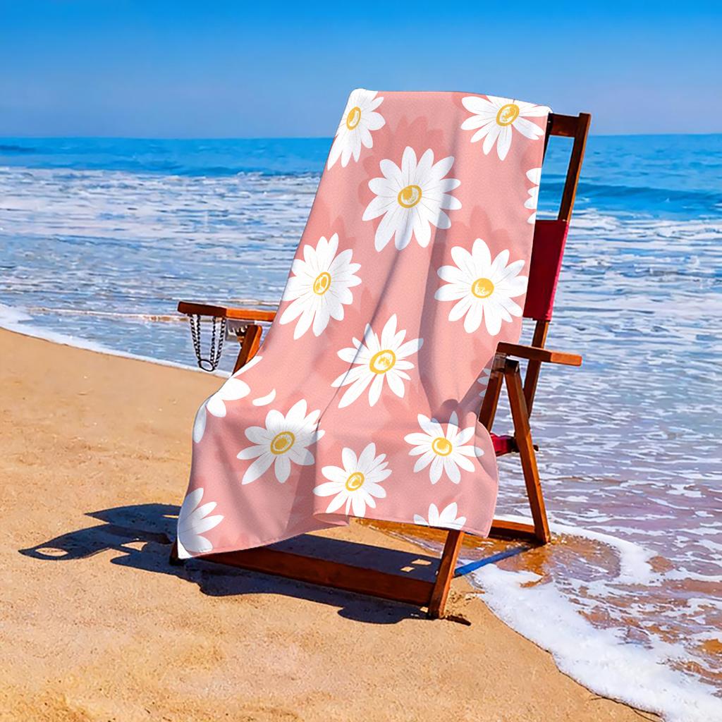 1-Piece Daisy Beach Towel-Soft microfiber, quick-drying, attractive white Daisy pattern in pink for travel, pool, yoga and ca