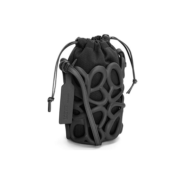 Loewe Anagram Embossed Logo Drawstring Closure Lightweight Foam Rubber Bucket Bag Women Shoulder Bag Black C630G26X01-1100