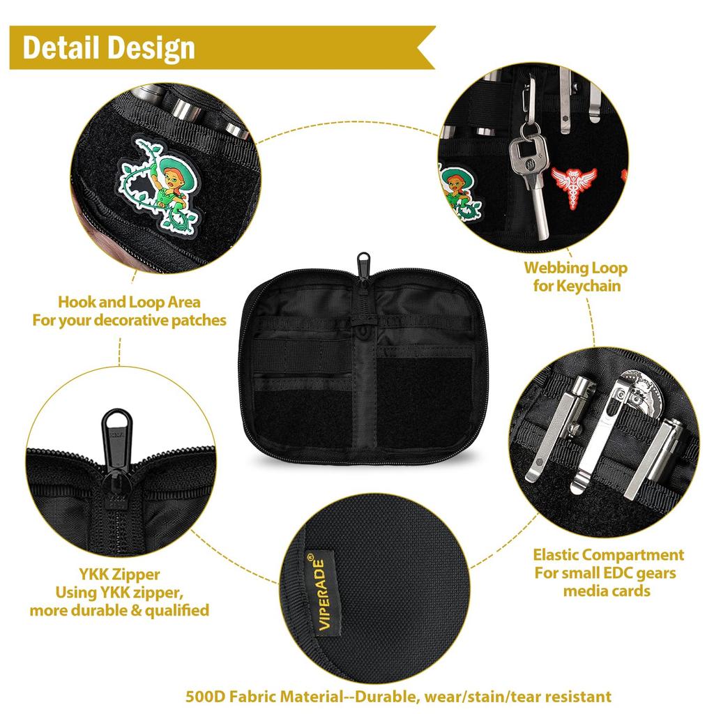 VIPERADE VE21 EDC EDC Pocket Organizer Small EDC Organizer Pouch Velcro EDC Pocket Pouch Pouch, (for Men), (6 Pockets), (Black)
