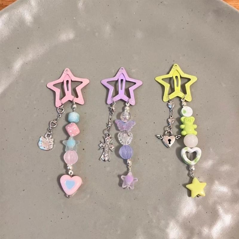 Beads Pendant Y2k Star Hairpin for Woman Punk Style Bangs Hair Clip Aesthetics Colorful Beads Pendant Hair Accessories