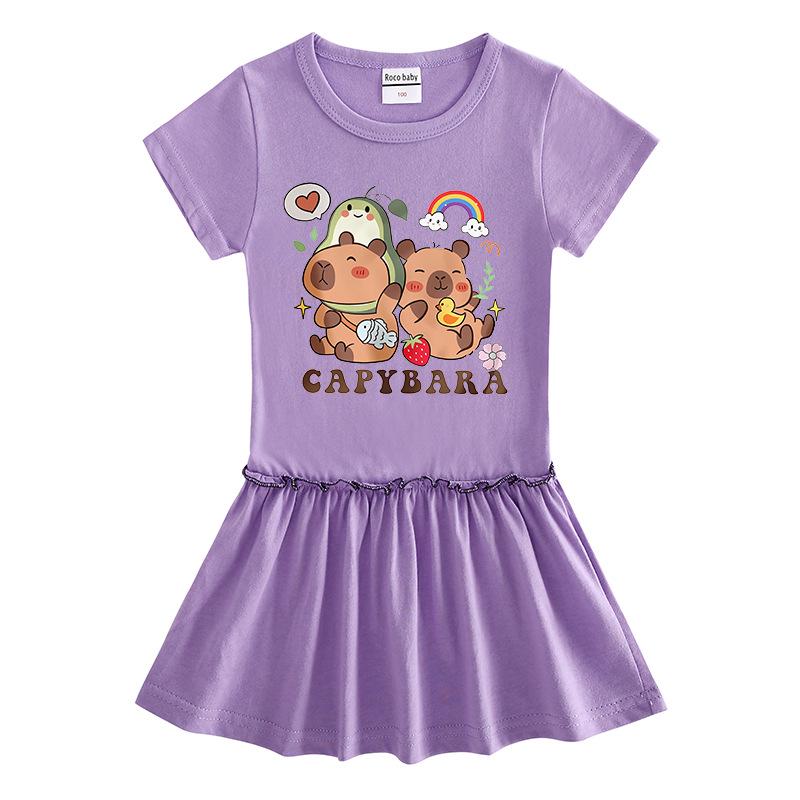 Summer Girls' Cartoon Raglan Short Sleeve Pleated Dress with Ruffle Skirt