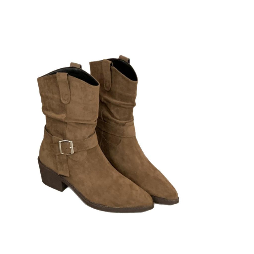 New large size stacked boots retro belt buckle V pleated pointed fashion boots spring and autumn thick heel short boots women