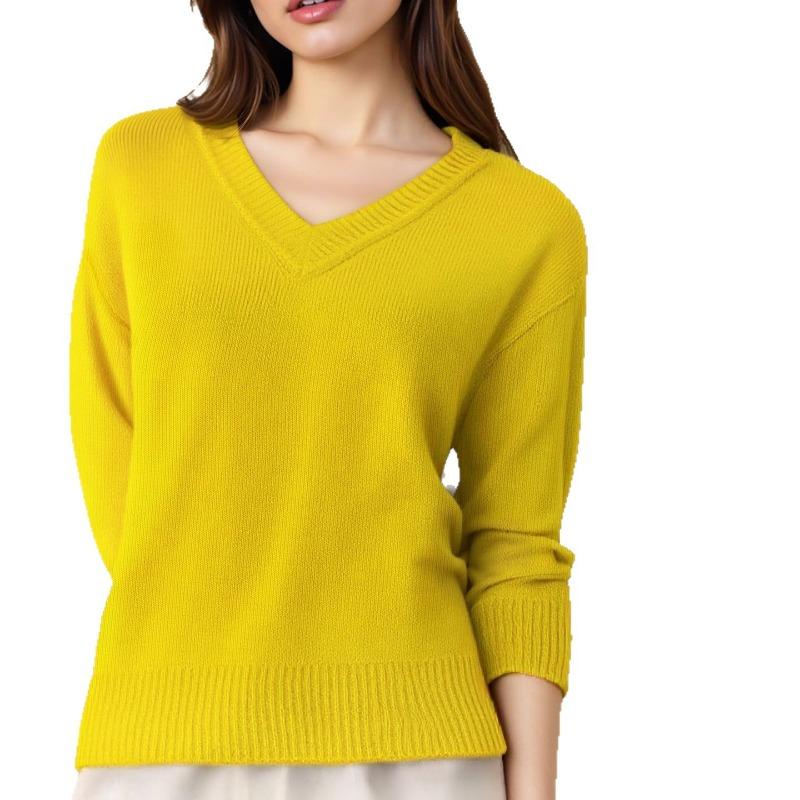 Women S Solid Color V Neck Long Sleeve Loose Pullover Knit Top