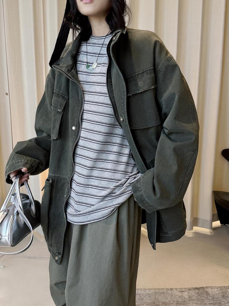 Louvre Spring Retro Korean Stripe Color Block Round Neck Casual Women's T-Shirt