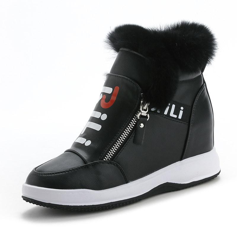 Rabbit Fur Inner Height Increase Women's Shoes Autumn and Winter New Warm Cotton Shoes Thick-soled Wedge Heel Double Zipper Casual Shoes Short Boots