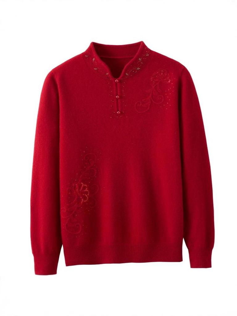Benmingnian Red Wool Sweater for Middle-Aged Women - Plus Size Autumn/Winter Fashion Pullover