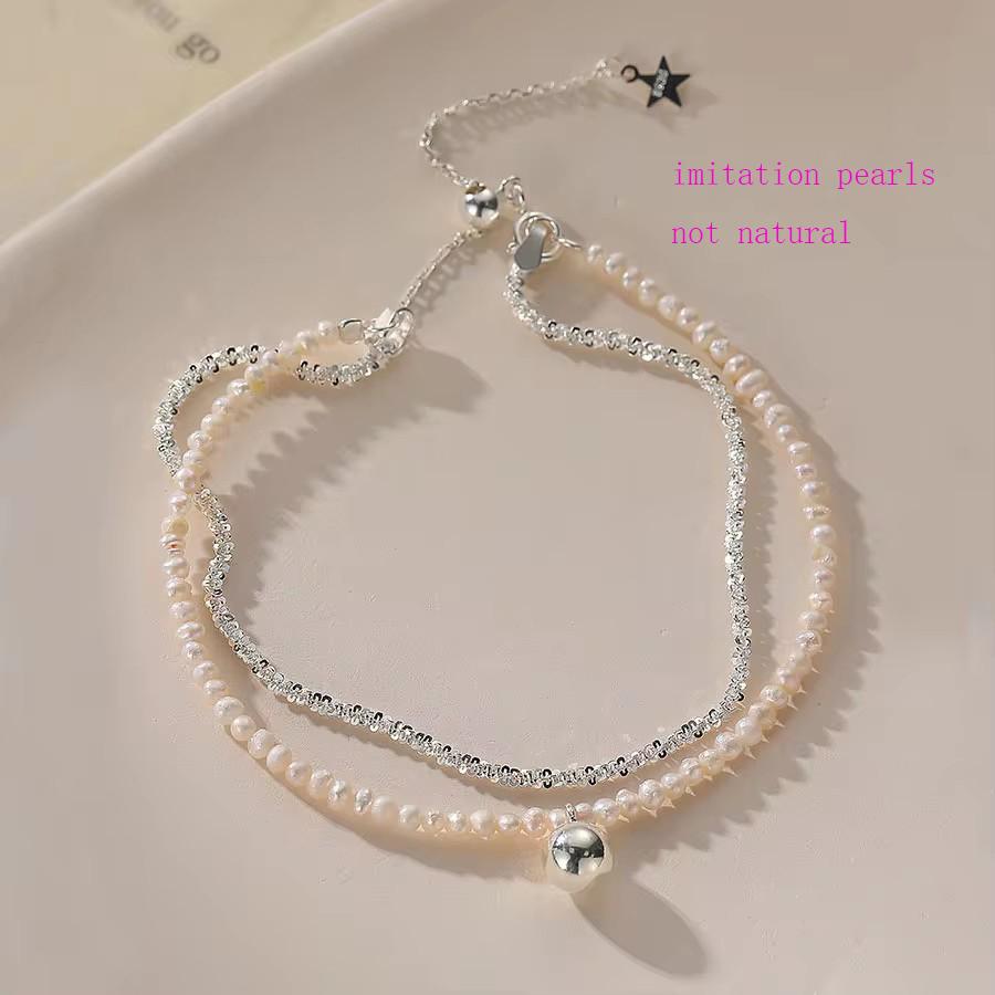 VENTFILLE 925 Sterling Silver Star Love Heart Pendant Round Bead Pearl Bracelet For Girls Sweet Romantic Style Gifts For Lovers