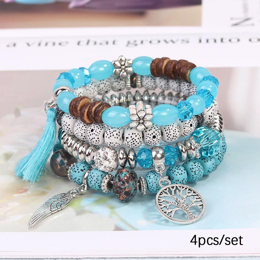 Bohemian Beaded Bracelet Set, Women's Stackable Stretch Bracelets with Tassel & Wing Charm