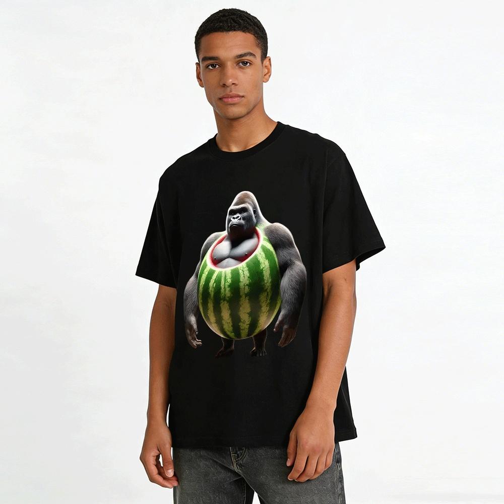 Funny Gorilla Watermelon Print Short Sleeve Trendy Casual Top Pure cotton T-shirt