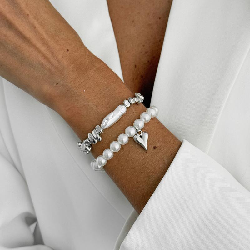 2Pcs/Set New Imitation Pearls Metal Heart Pendant Bracelets Women Fashion Creative Sliver Color Cube Chain Jewelry Gifts