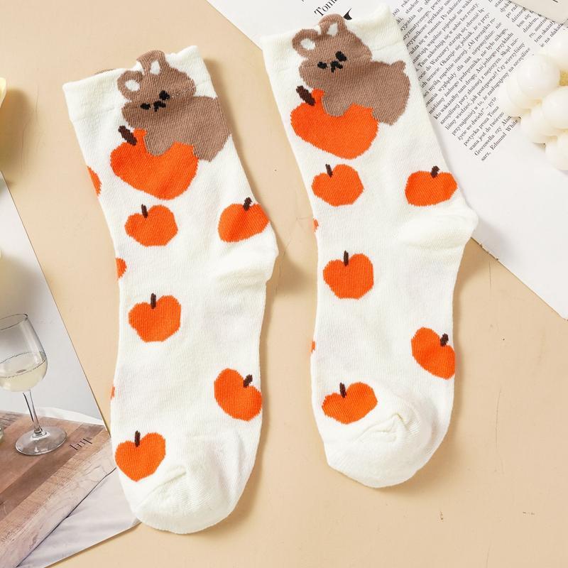 1/5 Pairs Women's Cute Cartoon Mid Calf Socks Pure Sotton Skin-friendly Breathable Mid-tube Socks Suitable for All Seasons