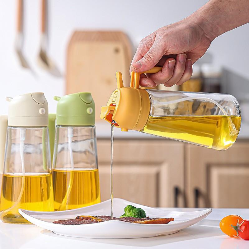 Thickened Glass Oil Bottle: Integrated Spray and Pour, Automatic Atomization, Leak-Proof, Large Capacity for Kitchen Use